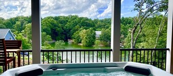 Foothills Retreat, New Lakefront Luxury w/ Covered Decks + Hot Tub, Fire Pit Terrace, Dock & More!