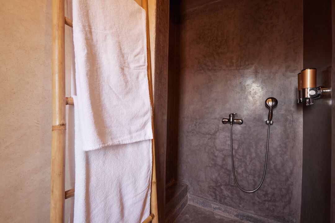 A bathroom with a shower, a towel rack, and a wall-mounted faucet.