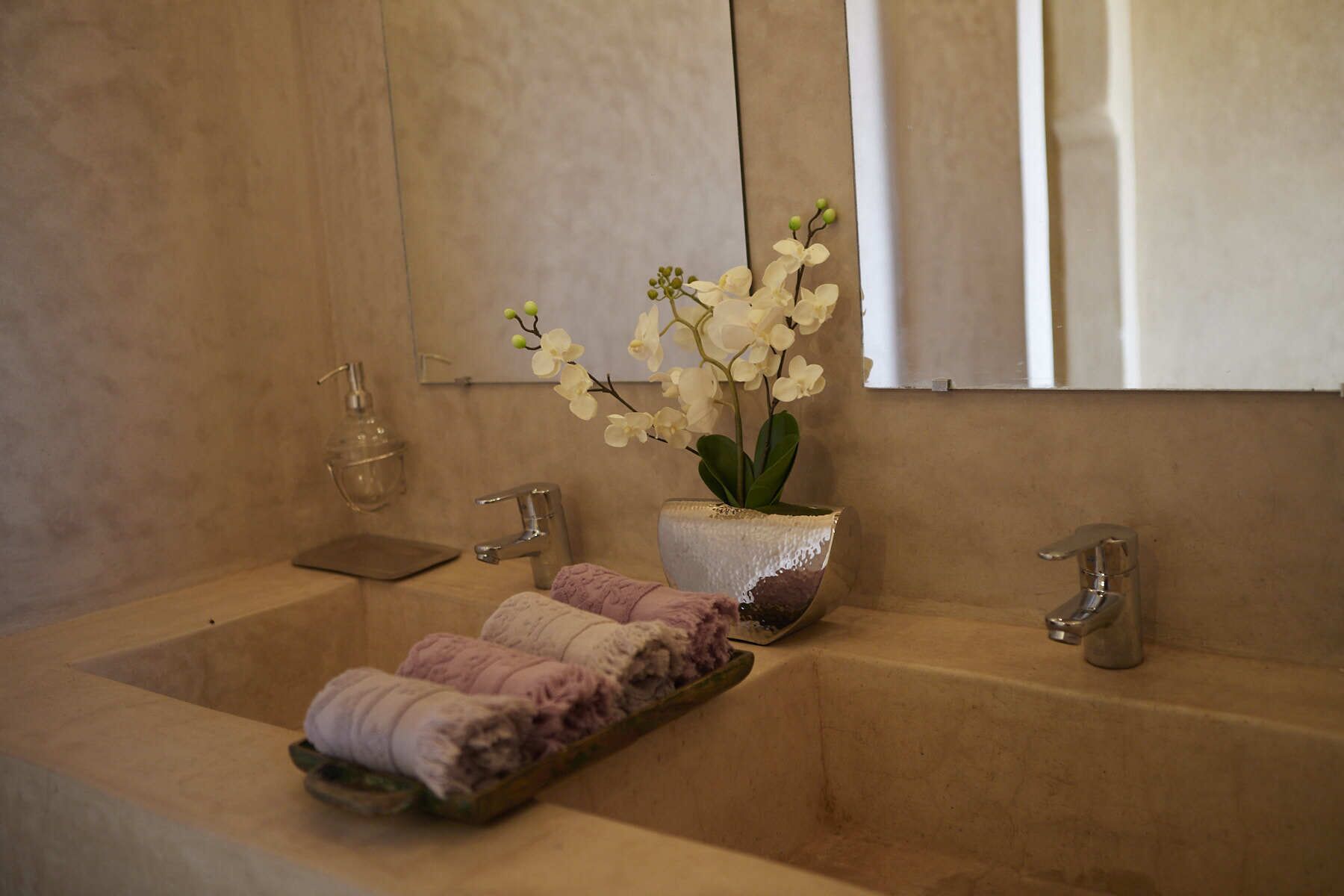 A bathroom with a beige sink, two faucets, a soap dispenser, and a potted orchid.