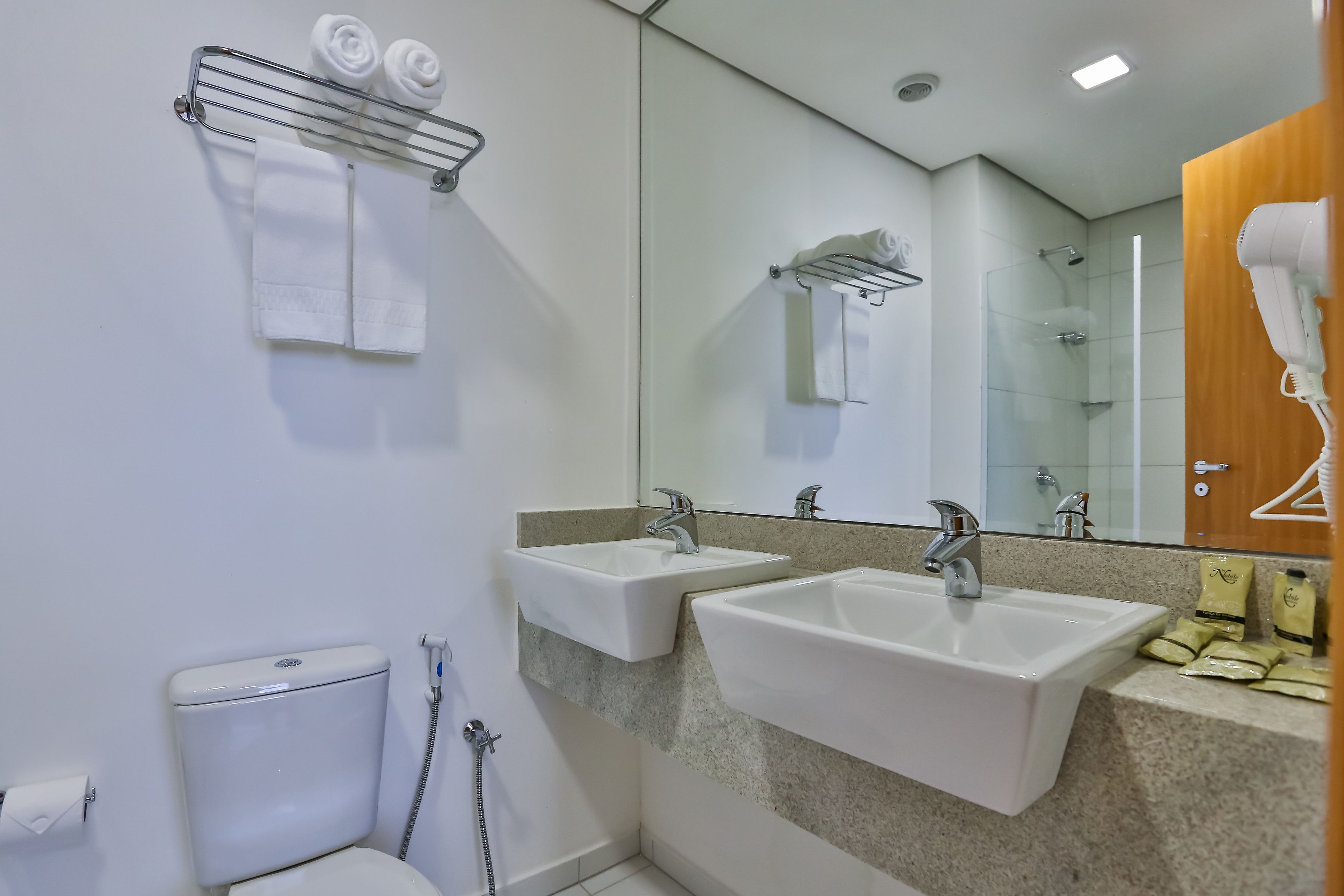 deluxe room | bathroom | shower, rainfall showerhead, hair dryer, bidet