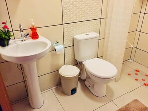 A bathroom with a sink, toilet, and trash can.