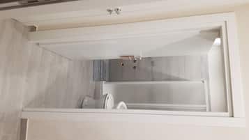Hair dryer, towels, soap, shampoo