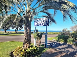 A roadside view with a palm tree, a signboard, and a clear view of the ocean.