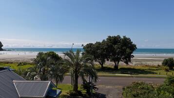 Zona residencial con vista a la playa, una calle y un árbol grande.