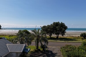 Zona residenziale con vista sulla spiaggia, una strada e un grande albero.
