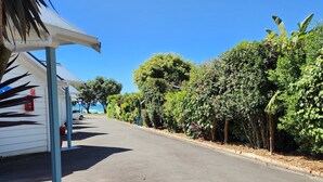A quiet street lined with lush greenery and a white building with a covered porch. - Ohope Beach Motel (Ohope)