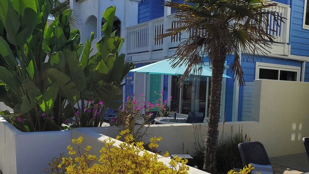 A modern building with a balcony, large potted plants, and outdoor seating. - Luna Azul, only steps to Mission Beach! Free Wireless Internet / NO SMOKING (San Diego)