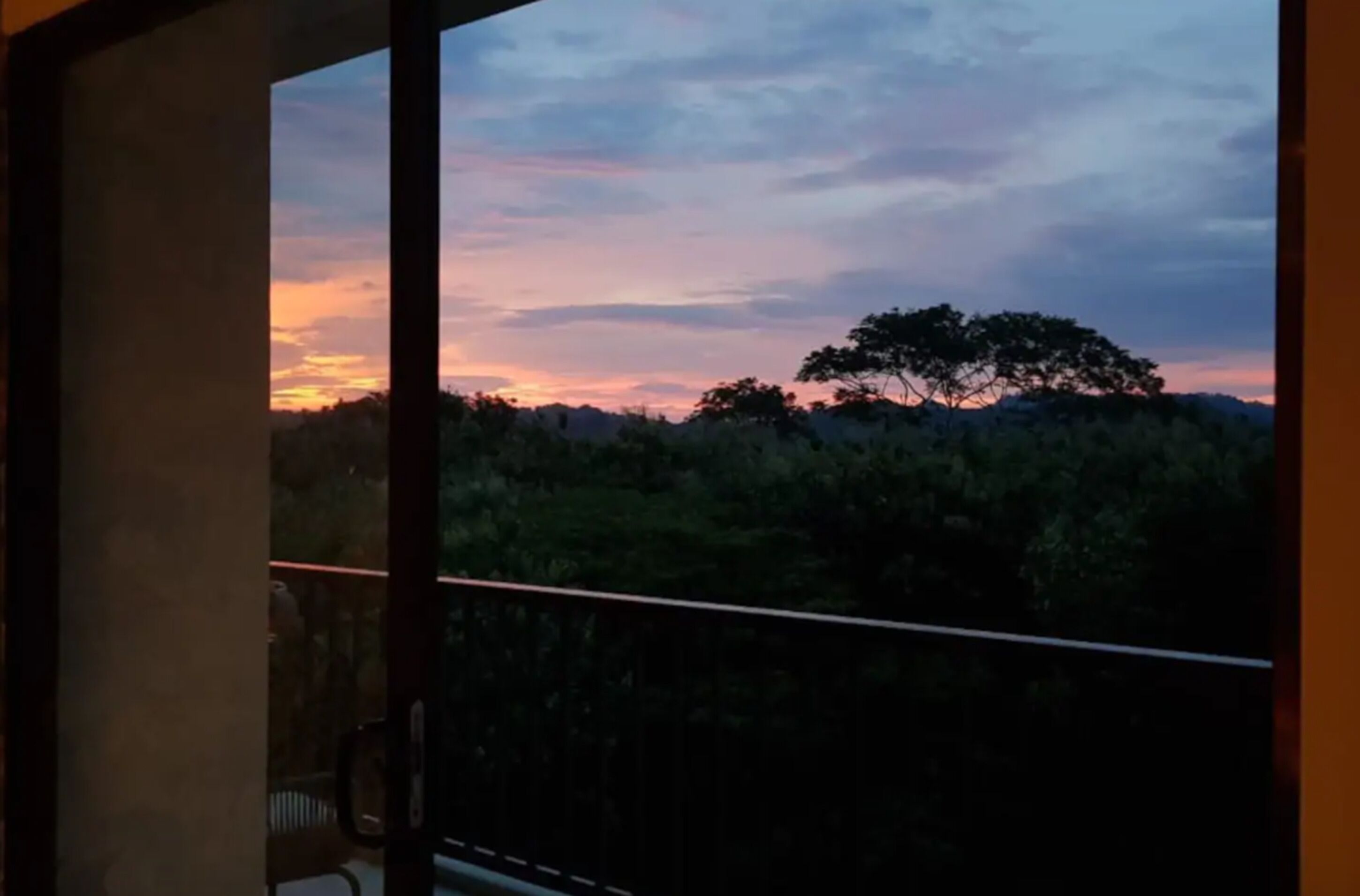 Blick von einem Balkon mit Geländer auf eine Landschaft mit Bäumen und Sonnenuntergang.