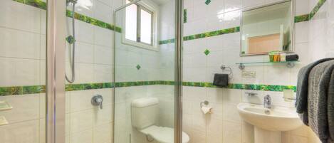 A bathroom with a glass-enclosed shower, a toilet, and a sink with a mirror above it.