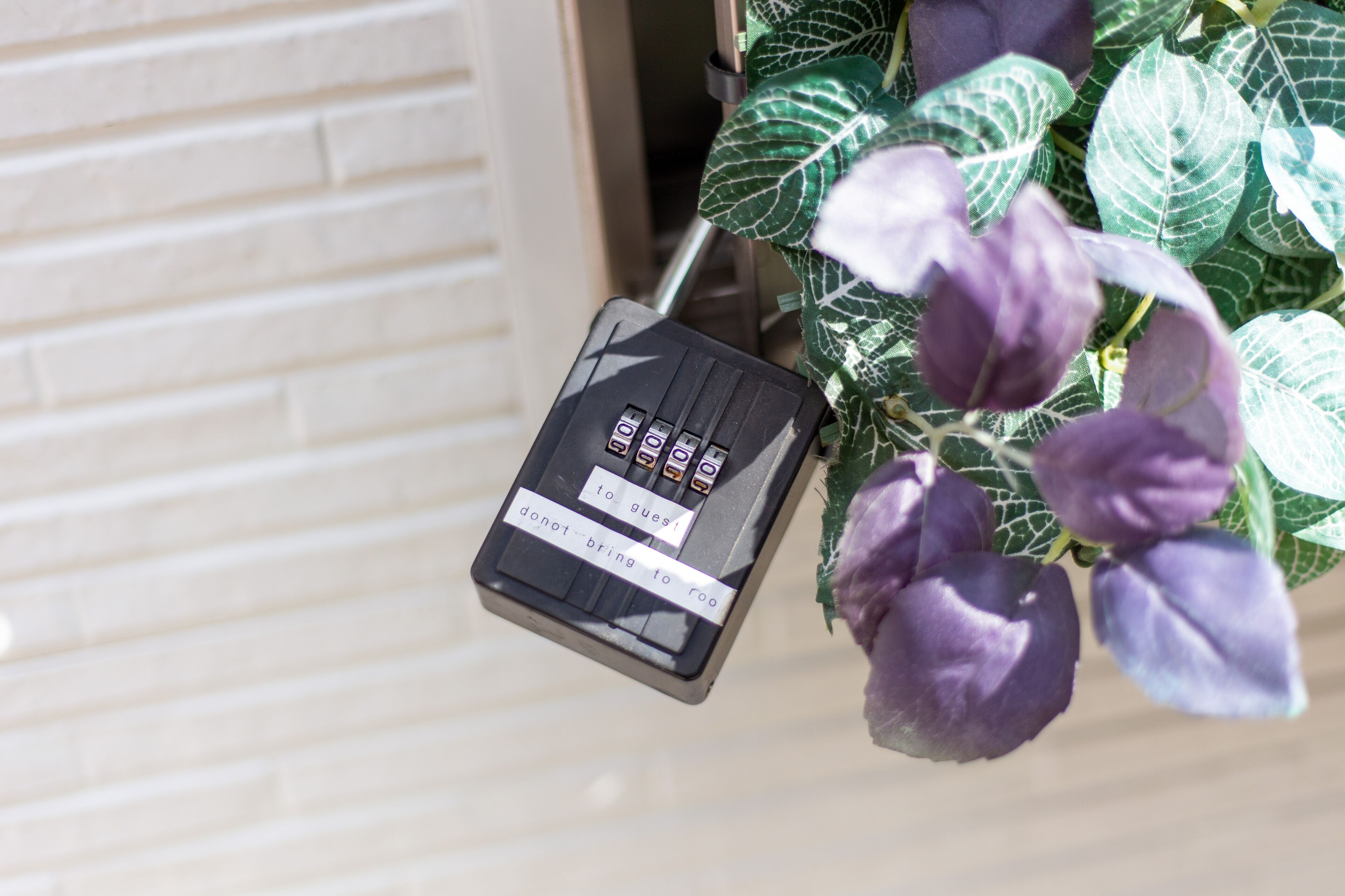 Una tastiera di sicurezza fissata a una porta, con una pianta con fiori viola in primo piano.