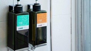 Una ducha con cabezal de ducha manual y dos dispensadores de jabón fijados a la pared.