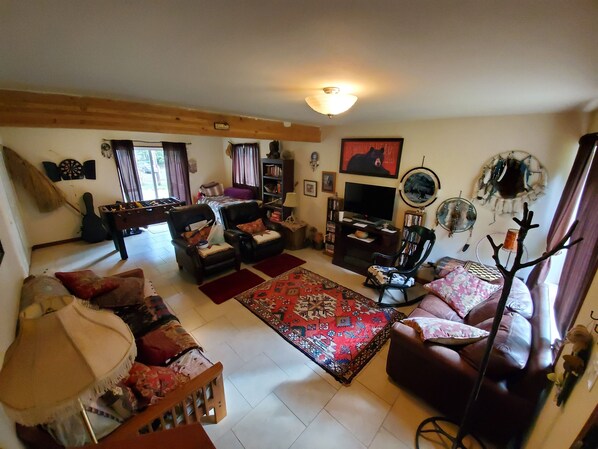 TV, fireplace, DVD player, foosball