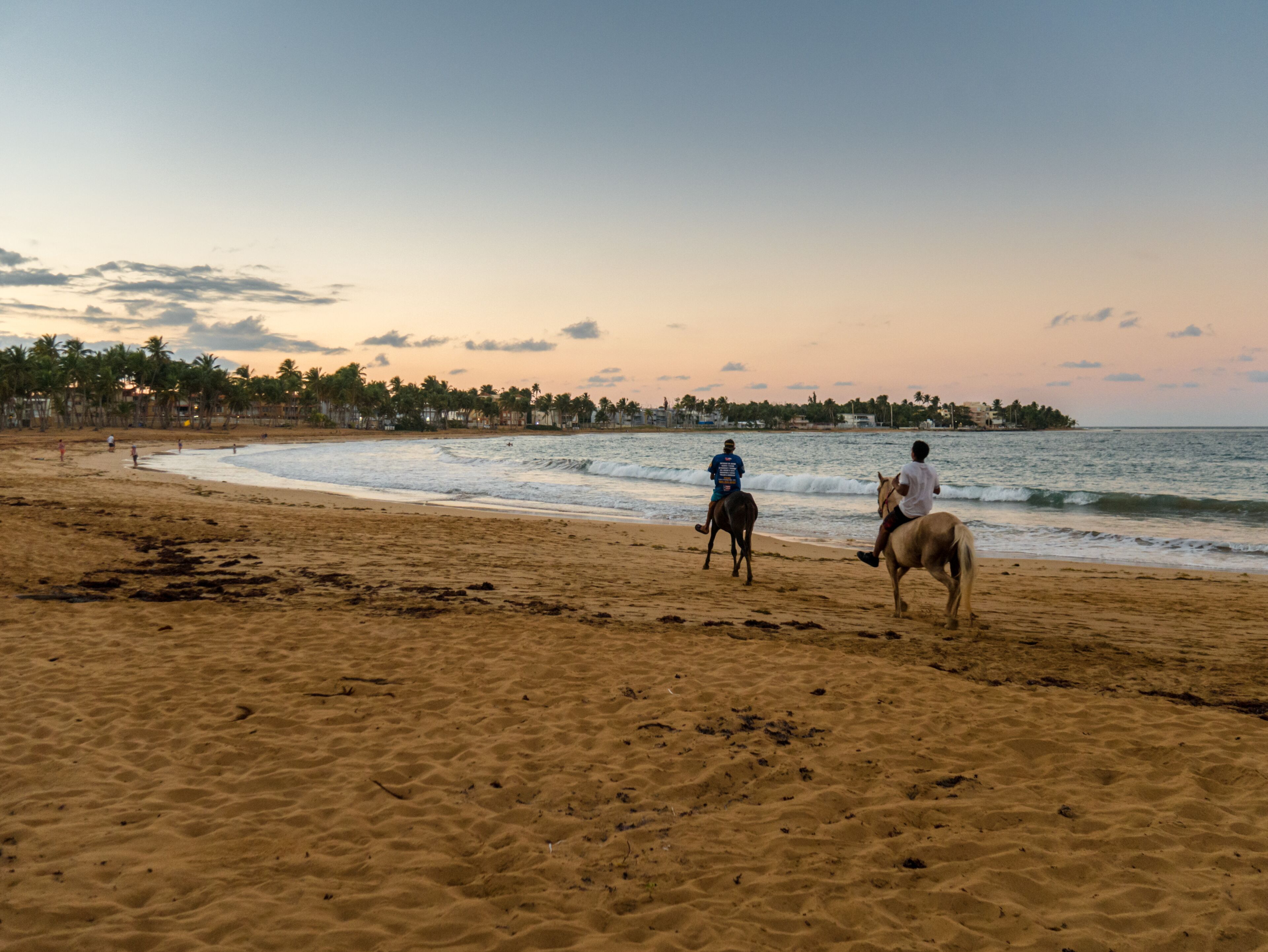 Una playa con dos personas montando a caballo, una orilla arenosa y un mar tranquilo.