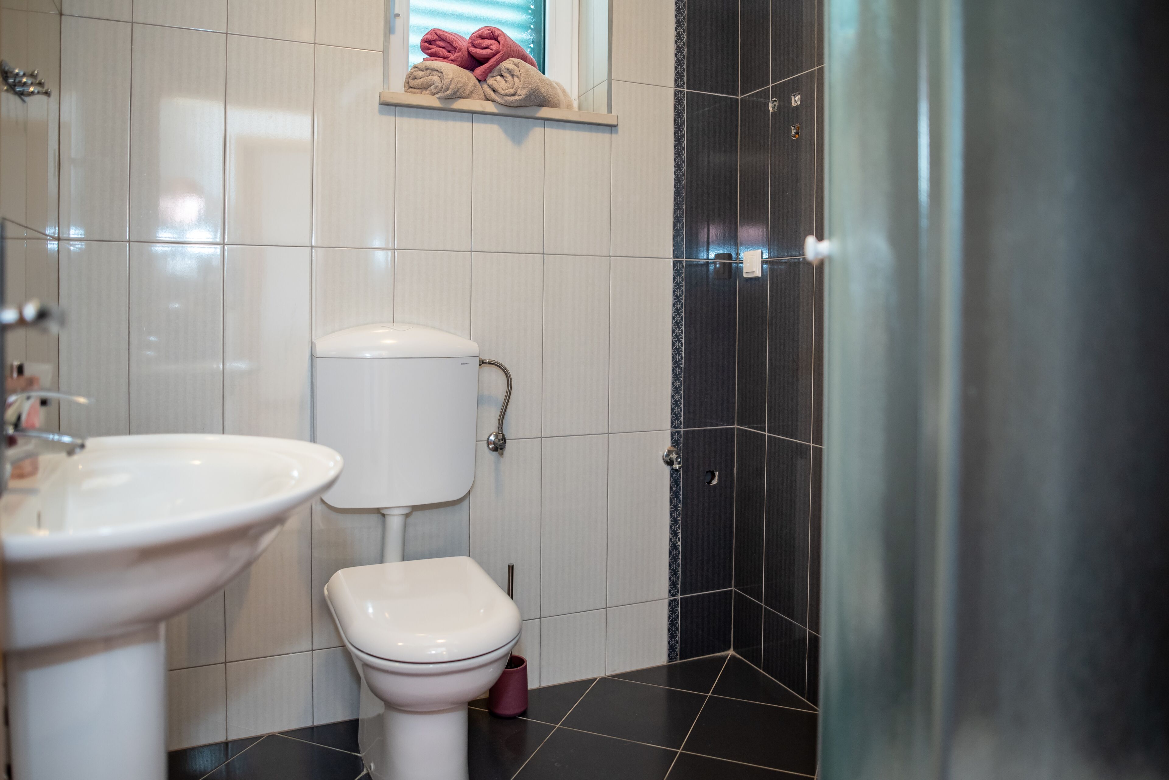 Baño con inodoro blanco, lavabo y zona de ducha.
