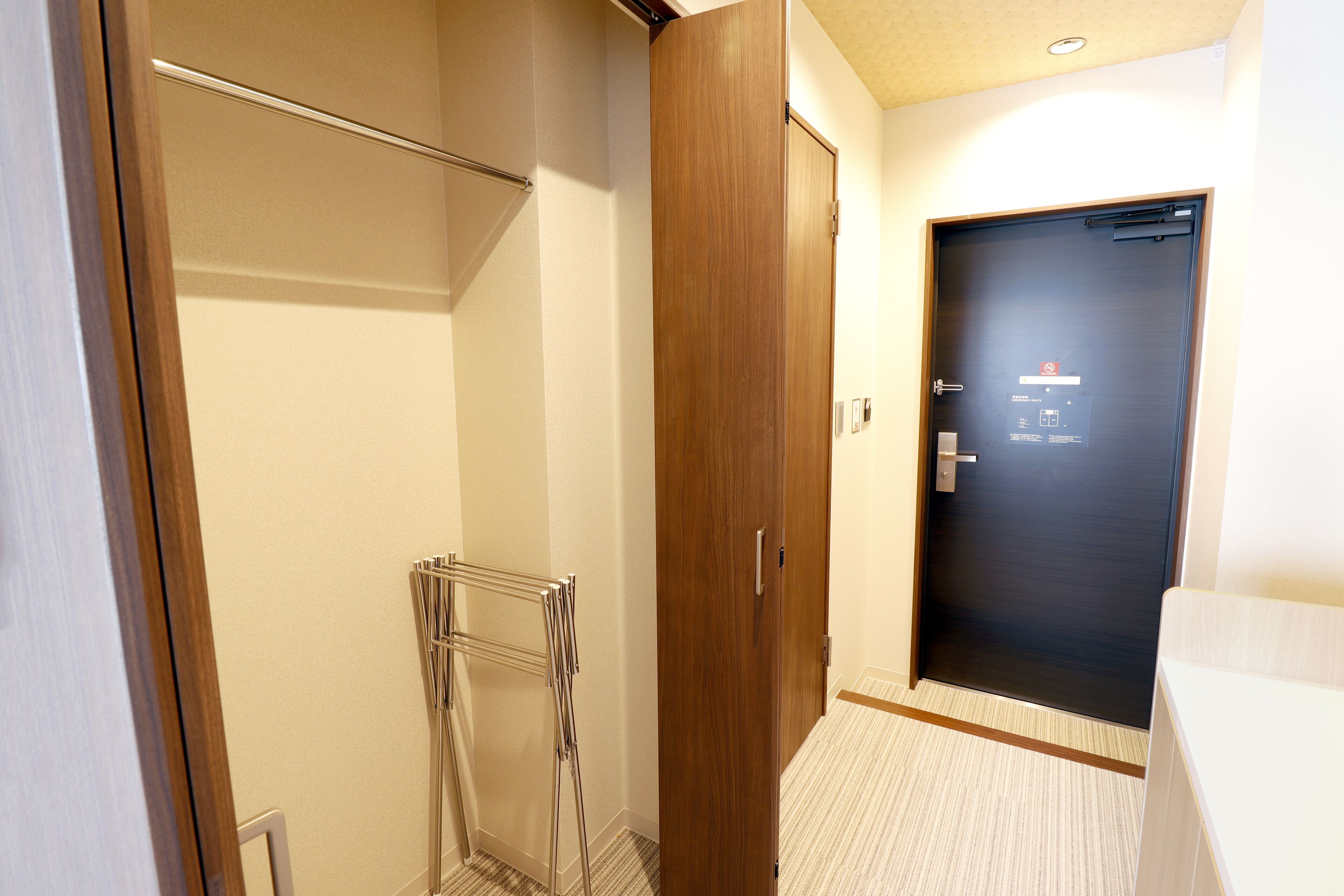 A hotel room with a wooden door, a towel rack, and a carpeted floor.