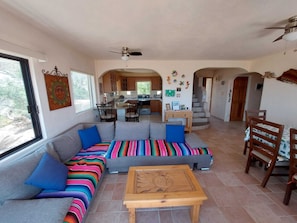 TV, fireplace, DVD player, books
