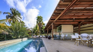 Un área de piscina con sillas de descanso y palmeras.
