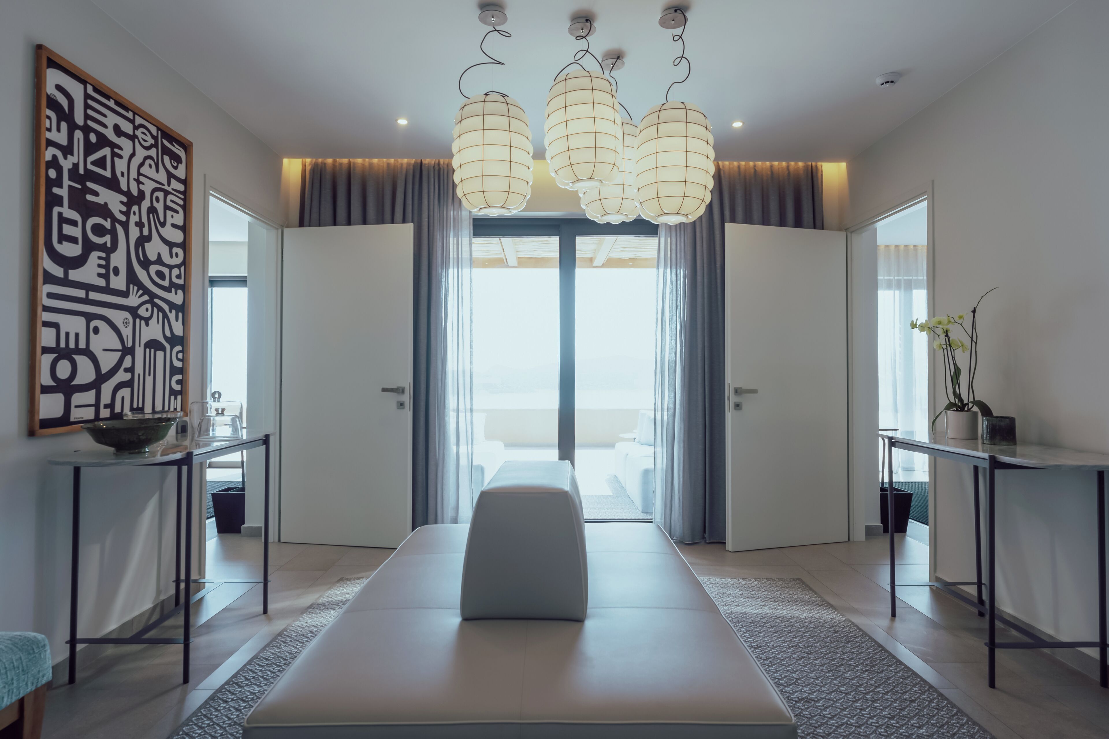 grand suite with private pool &amp; outdoor living area - sea view | living area | 49-inch smart tv with satellite channels