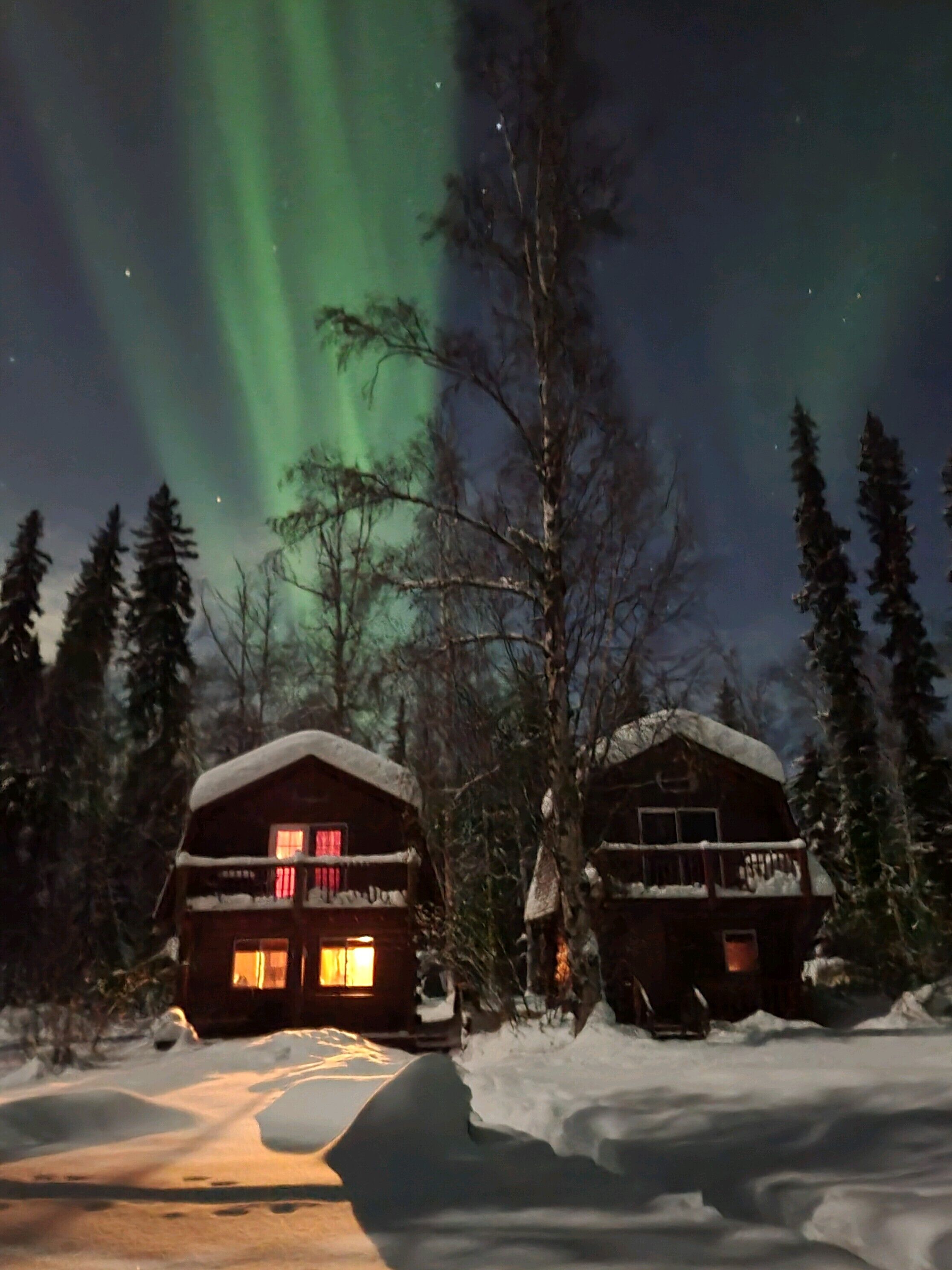 A cabin with a snow-covered roof and a lit window, surrounded by trees and snow.