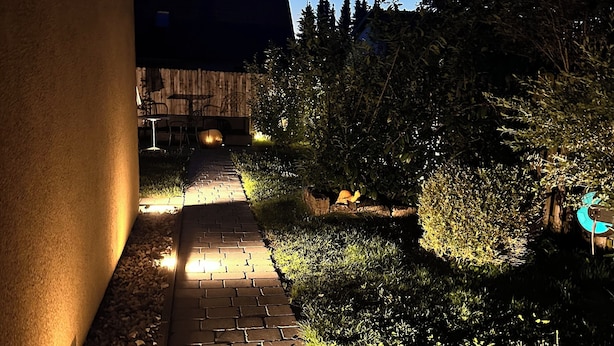 Ein gepflasterter Weg führt zu einer Holzterrasse mit einem Zaun und Bäumen.