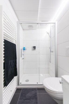 Douche, séchoir à cheveux, serviettes fournies, savon