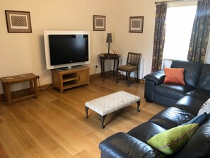 Televisio, takka, DVD-soitin, pöytäjalkapallopöytä