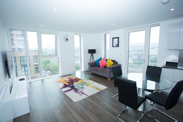 Flat-screen TV, fireplace