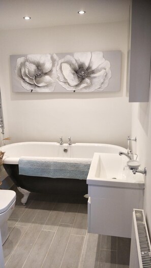 Separate bathtub and shower, deep-soaking bathtub, rainfall showerhead
