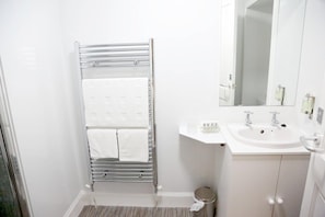 A small, modern bathroom with a walk-in shower, a white sink, and a mirror above the sink. - Smithfield guesthouse (Dounby)