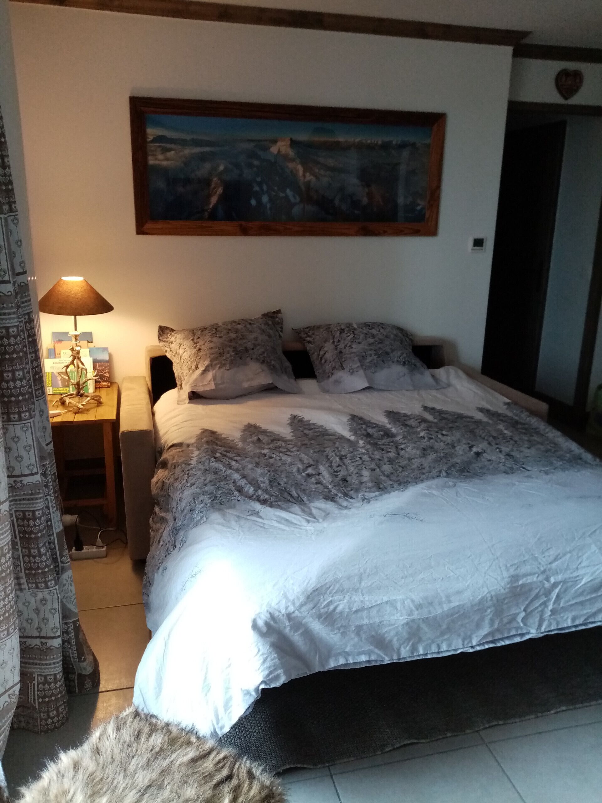 Een slaapkamer met een groot bed, een nachtkastje met een lamp, een schilderij aan de muur en een deur met een hartvormige decoratie.