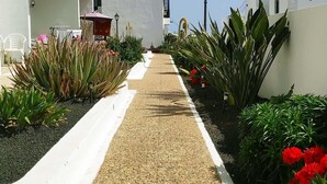 Un sendero bordeado por edificios blancos con balcones, rodeado de diversas plantas y flores.