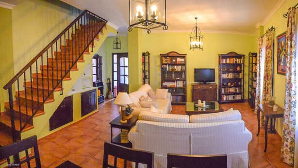 A living room with a staircase, a sofa, a television, and bookshelves. - Andalusian village family house (Peñaflor)
