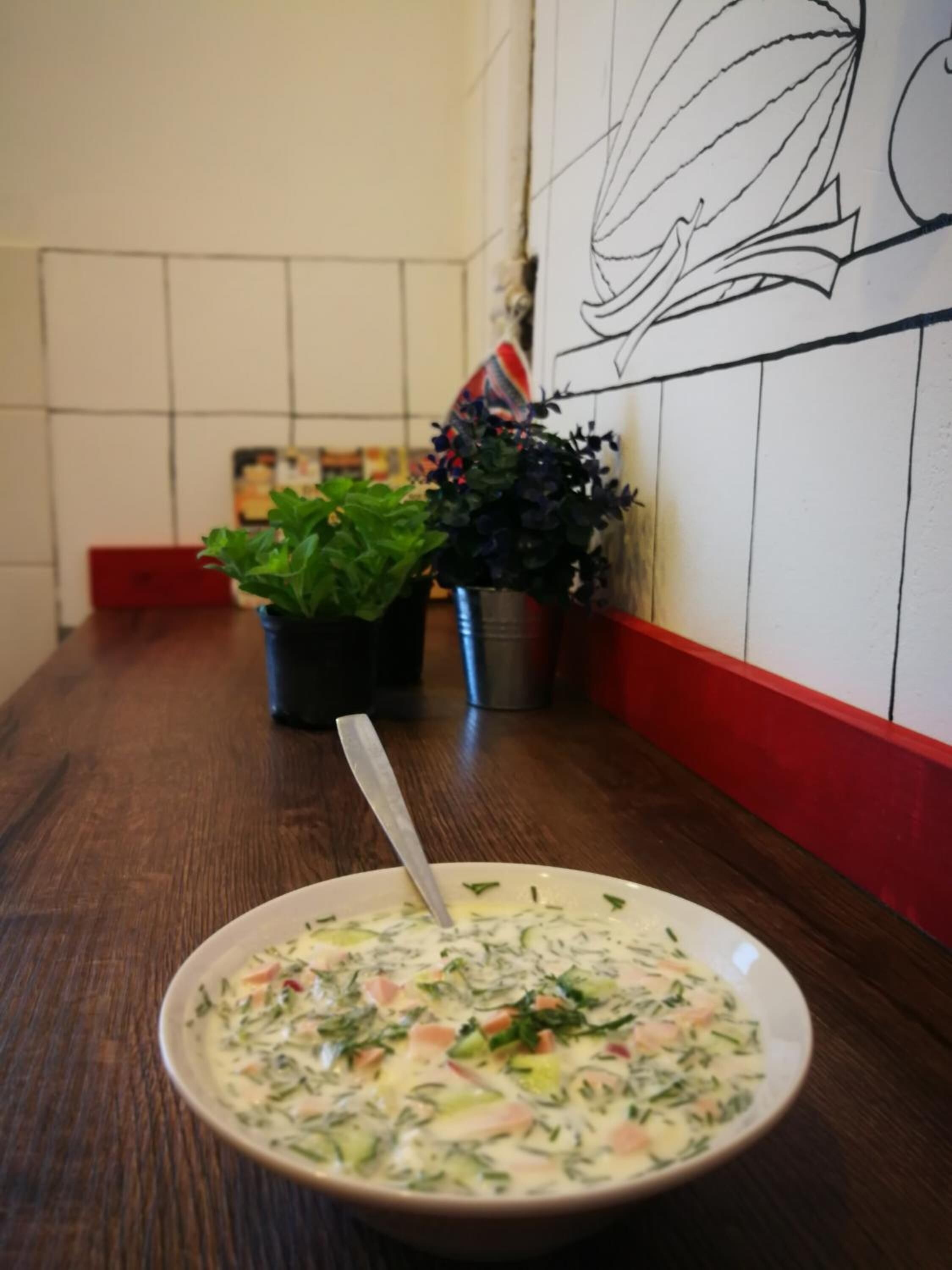 Un tazón de sopa sobre una mesa de madera, con macetas con plantas en el fondo.