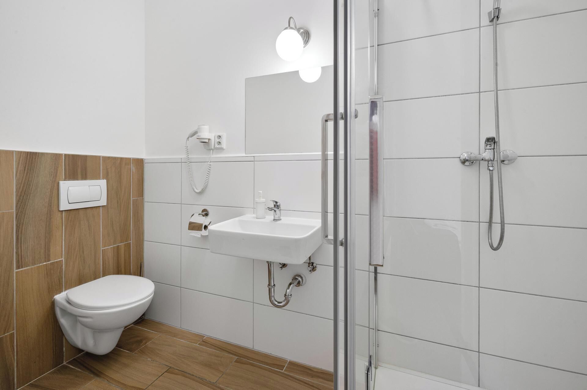 shower, free toiletries, hair dryer, towels