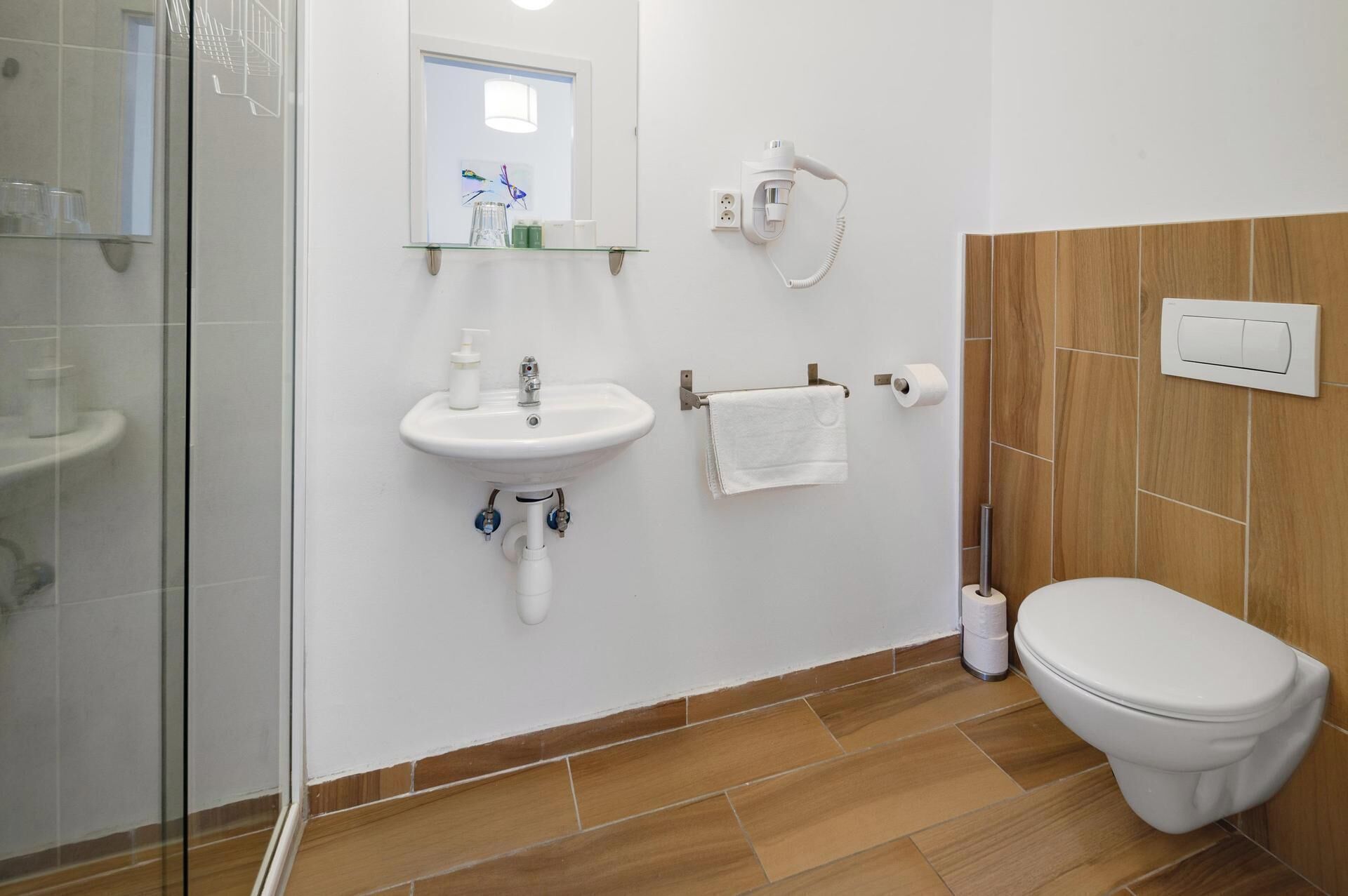 shower, free toiletries, hair dryer, towels