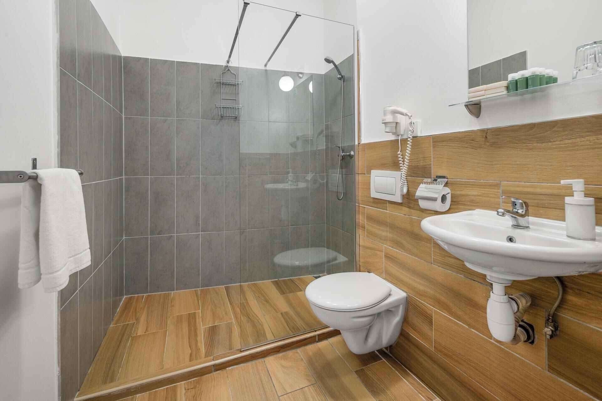 shower, free toiletries, hair dryer, towels