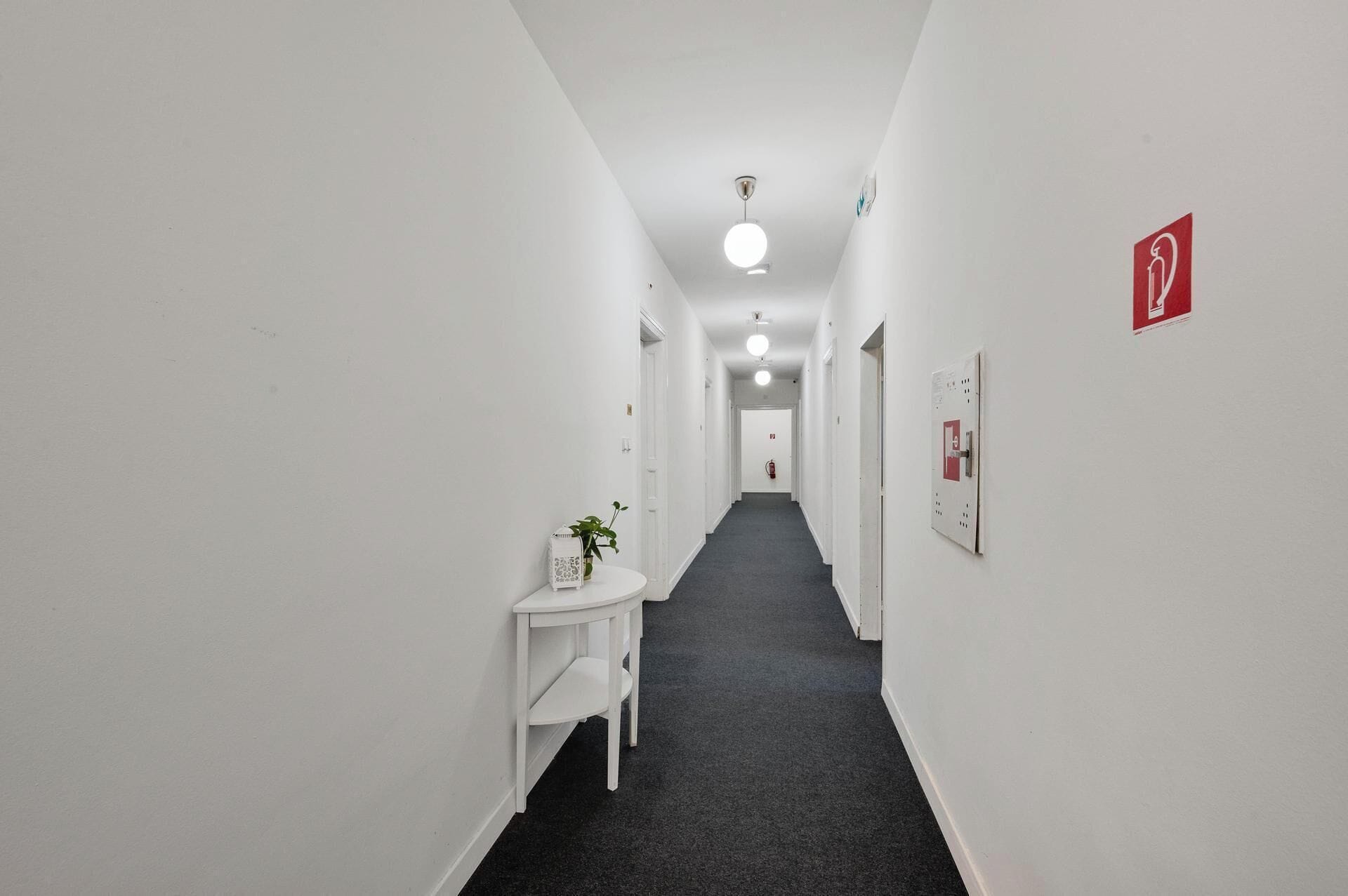 Un pasillo estrecho y bien iluminado, con paredes blancas, alfombra oscura y una pequeña mesa con una planta. Hay puertas a ambos lados y un extintor en la pared.