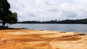 Une plage avec un rivage sablonneux et une étendue d’eau.