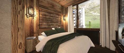 A bedroom with a wooden ceiling, a bed with green and white bedding, a nightstand, a window with curtains, and a view of a building outside.