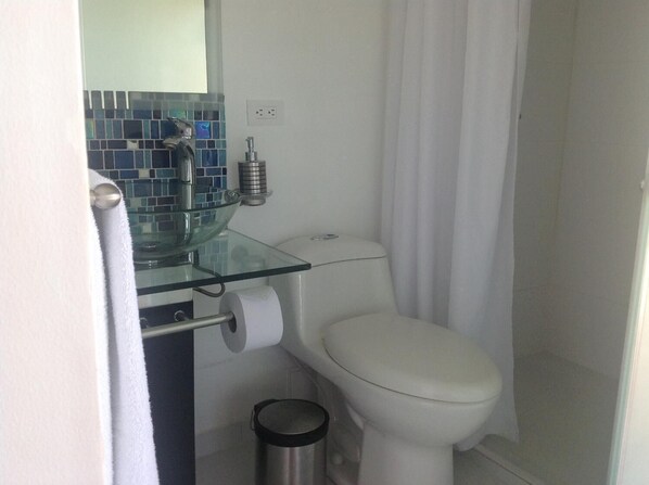 A bathroom with a glass sink, a toilet, and a trash can.