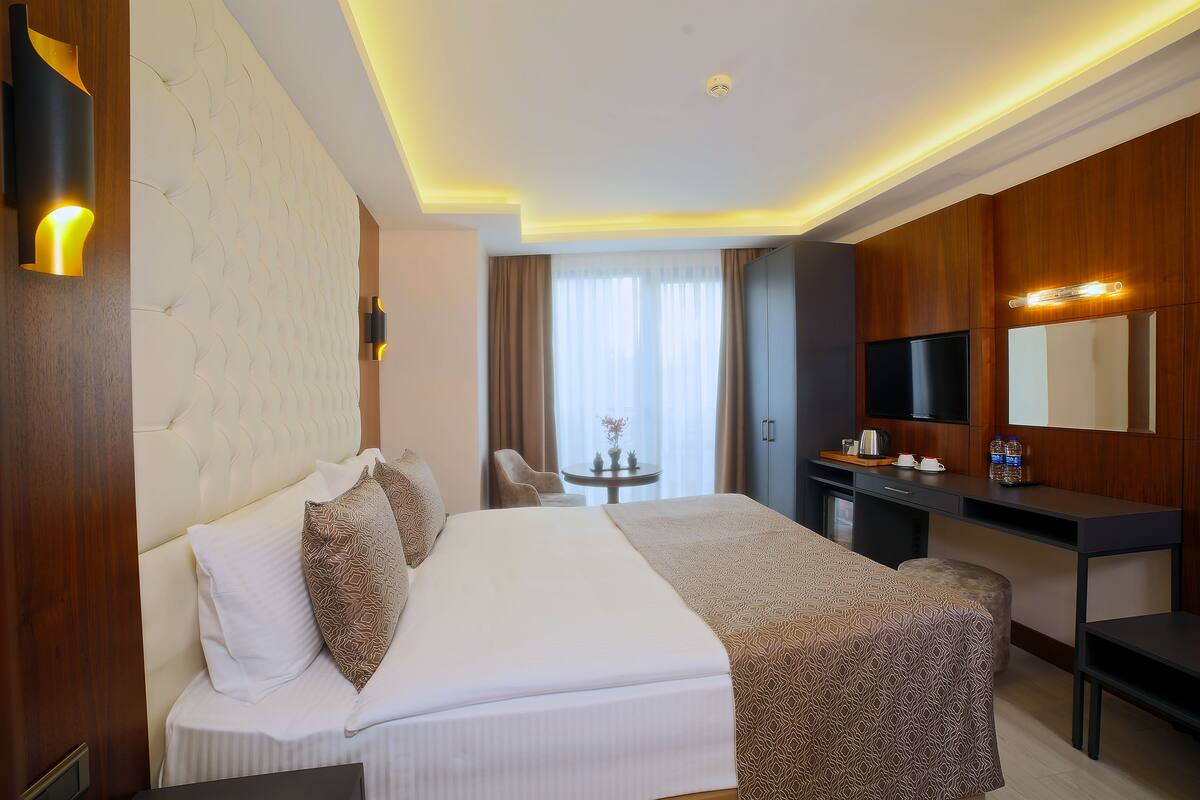 A hotel room with a bed, a desk, a chair, a TV, and a small table with a plant.