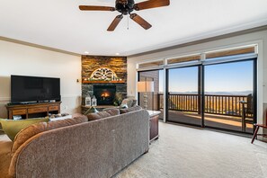 TV, fireplace, books