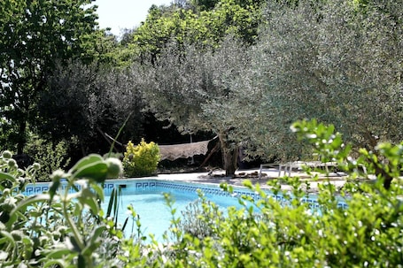 Outdoor pool, pool umbrellas, pool loungers. Le Mas de la Filoselle