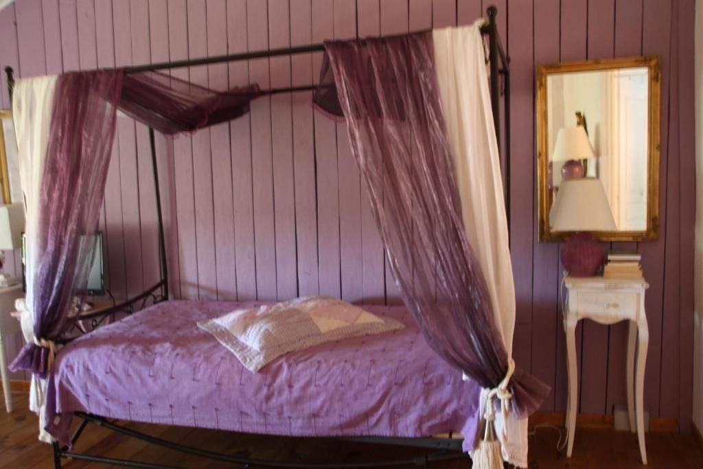 A single bed with a canopy in a room with wooden walls.