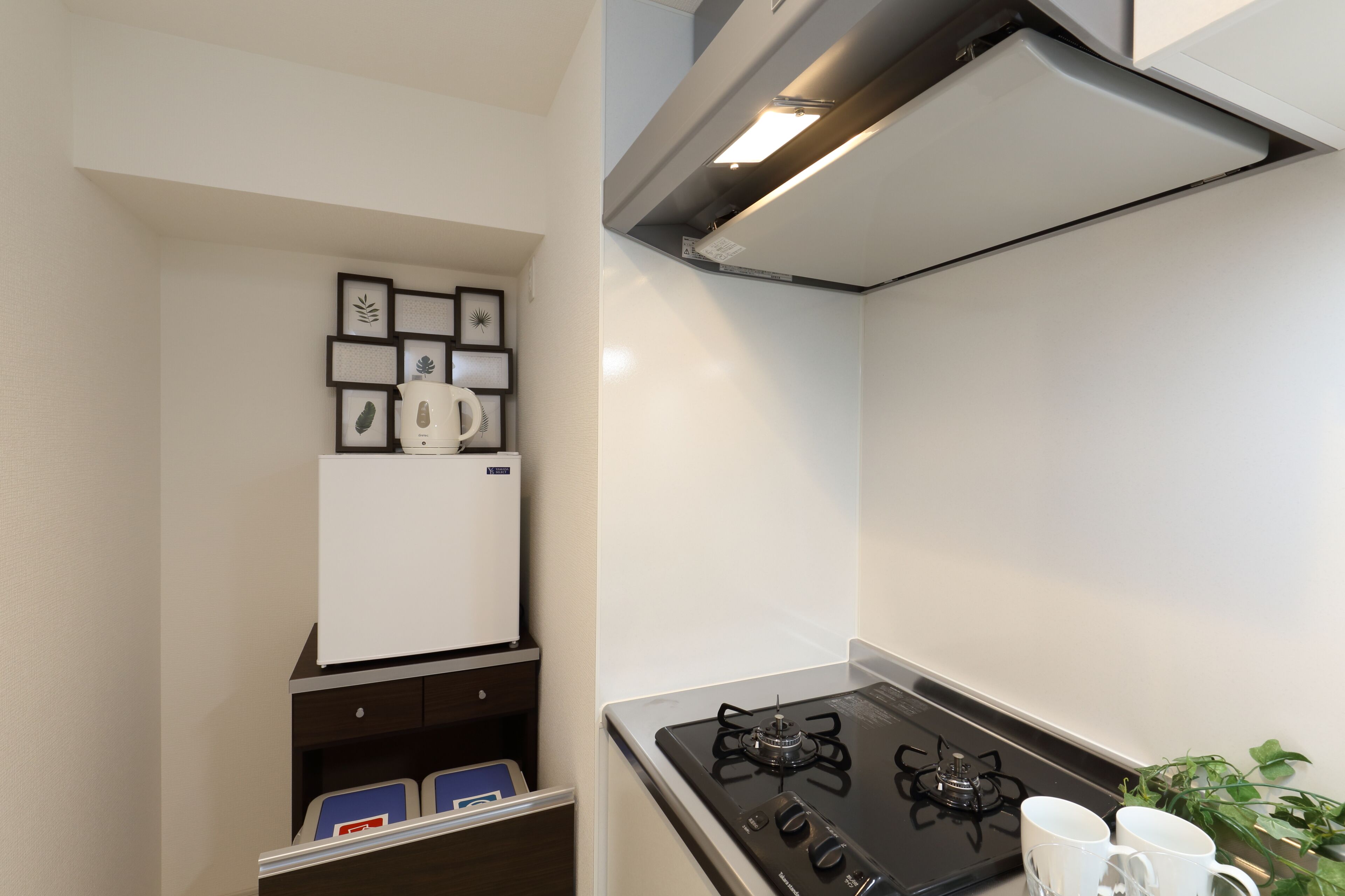 fridge, microwave, stovetop, electric kettle