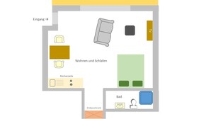 A hotel room layout with a terrace, a sitting area with a sofa and armchairs, a kitchen area, and a bathroom.
