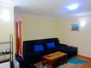 A living room with a dark blue sofa, a wooden coffee table, and a small rug. - Immaculate Apartment for rent with WIFI (Addis Ababa)