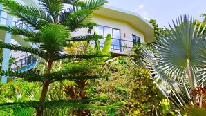 A modern building with large windows and a lush garden with various tropical plants. - Villa Modara (Kahandamodara)