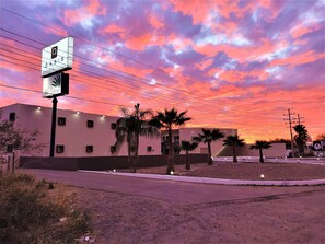 Un hotel con letrero, palmeras y un cielo al atardecer.