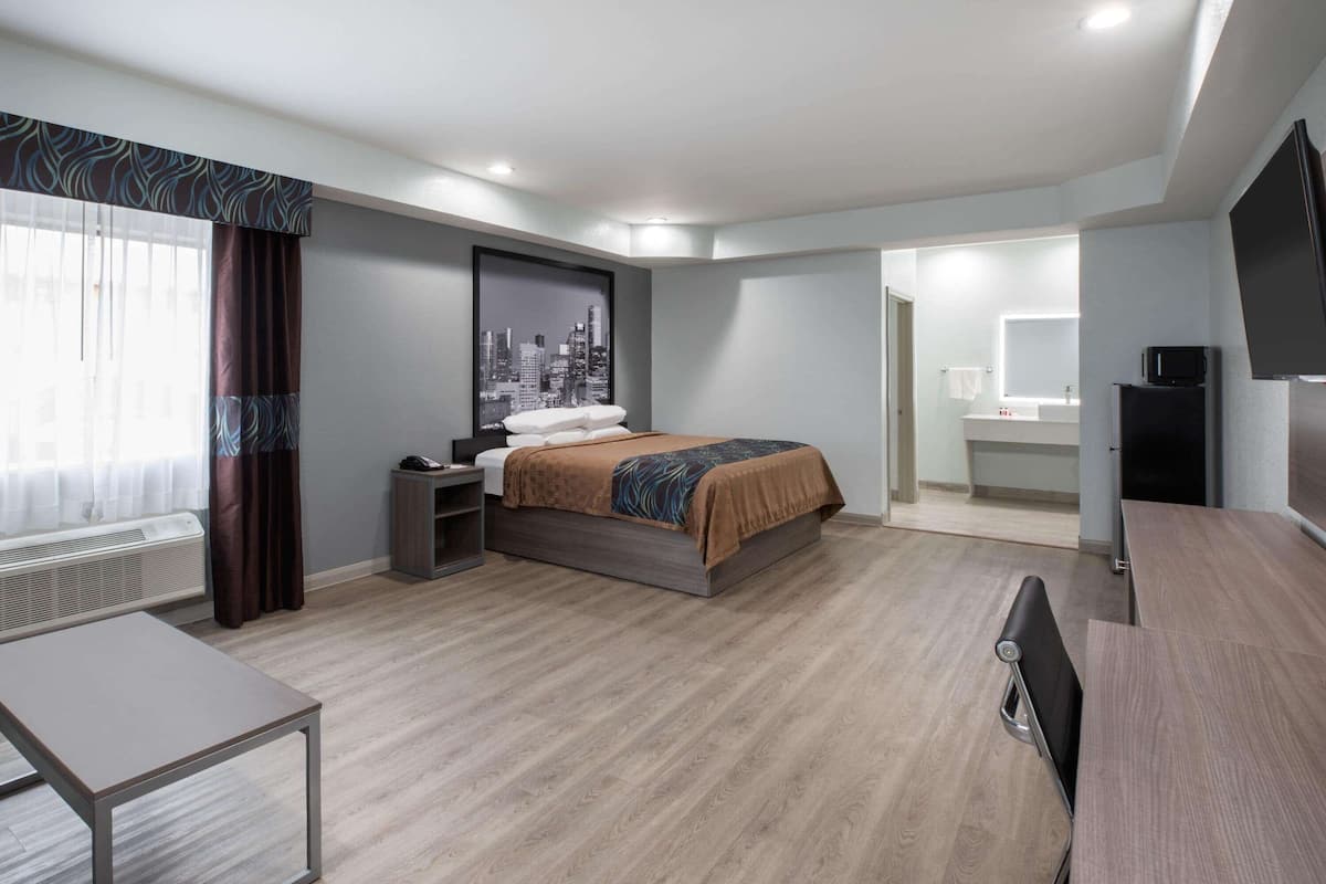 Una habitación de hotel con cama, mesita de noche, escritorio y televisión.